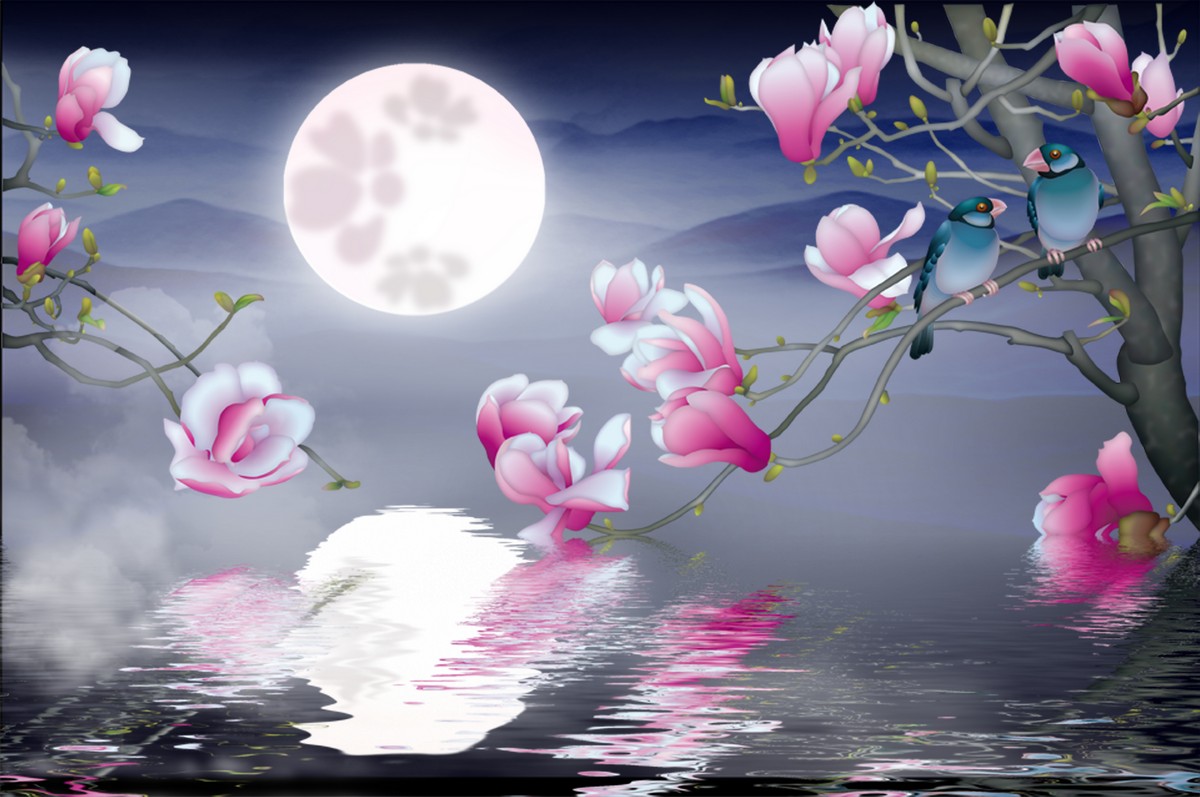 Цветущая Сакура при Луне